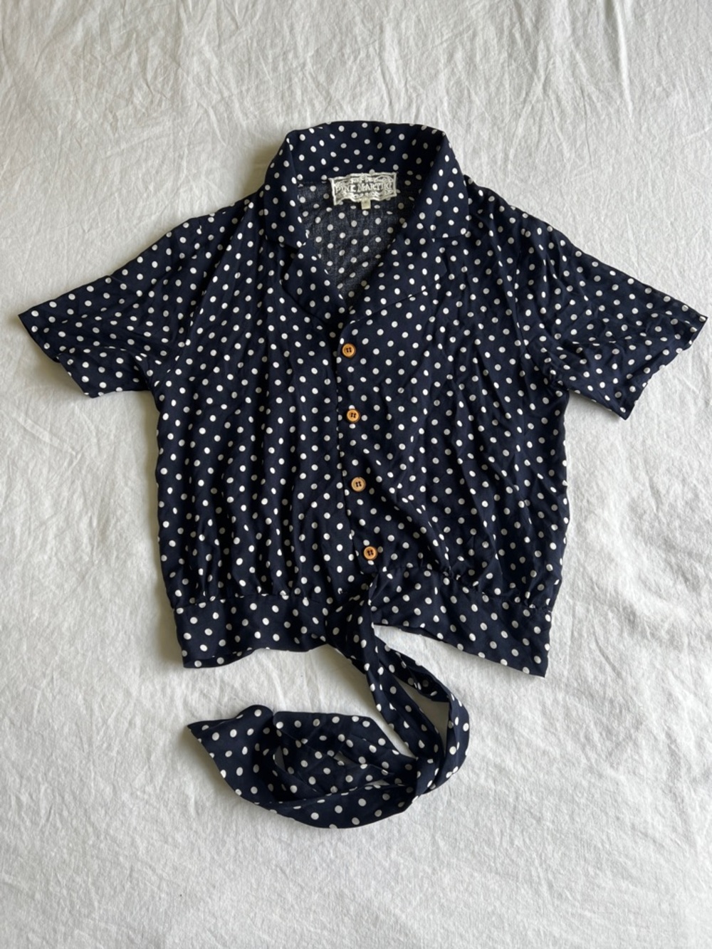 Pink Martini Navy Polka Dot Tie-Front Blouse